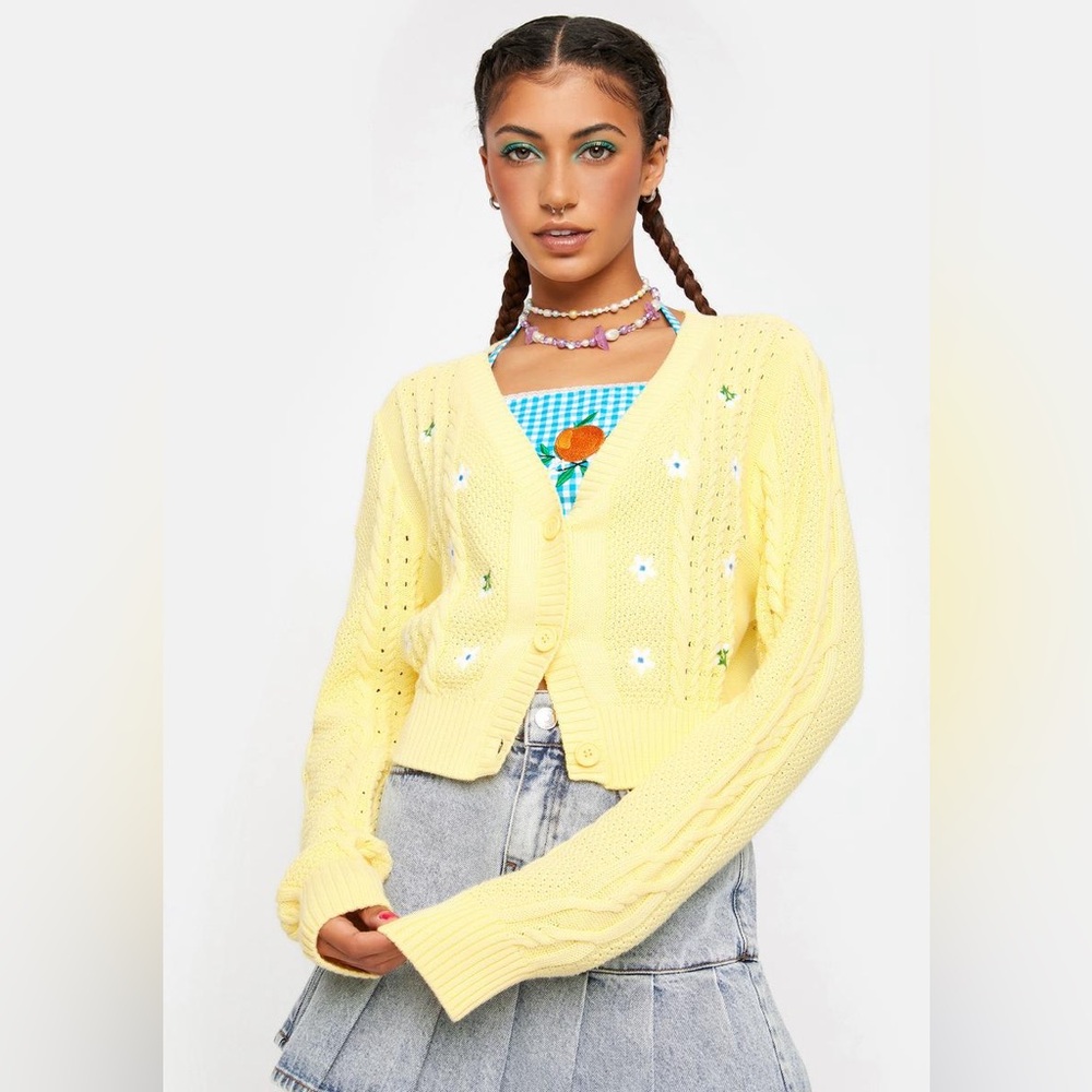 Minga London Yellow Cable Knit Cardigan with Embroidered Floral Details